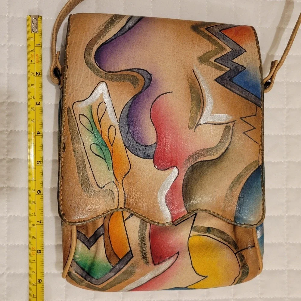 VTG Unique Hand Painted Abstract Art Leather Crossbody Purse Tan‎ Strap 70s 80s